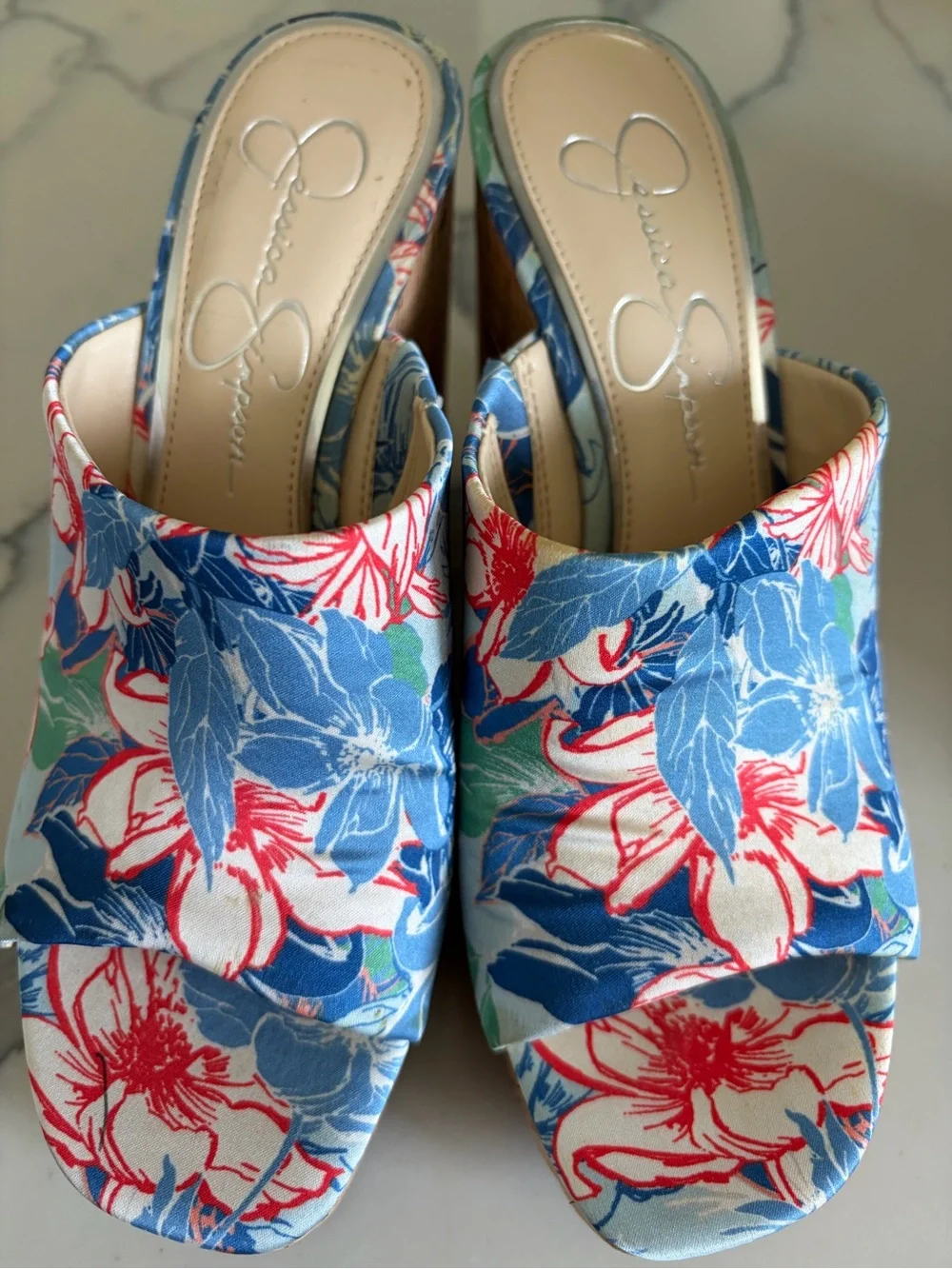 Jessica Simpson Blue Floral Cork Wedge Slides